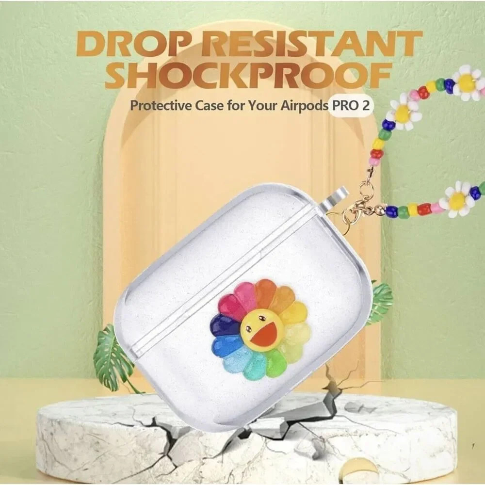 AirPod Pro 2nd Generation Clear Glitter Bracelet Case - Smile SunFlower Design